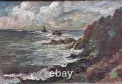 Tableau ancien Bord de mer Marine 1900 Pointe du Raz Bretagne Finistère Phare