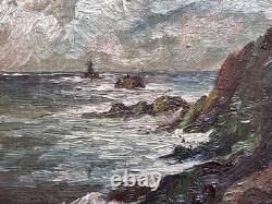 Tableau ancien Bord de mer Marine 1900 Pointe du Raz Bretagne Finistère Phare