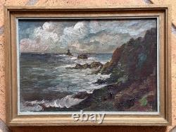 Tableau ancien Bord de mer Marine 1900 Pointe du Raz Bretagne Finistère Phare