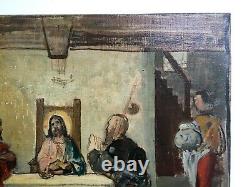 Tableau ancien, Christ attablé, Esquisse, Huile sur toile, Peinture XIXe