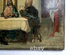 Tableau ancien, Christ attablé, Esquisse, Huile sur toile, Peinture XIXe