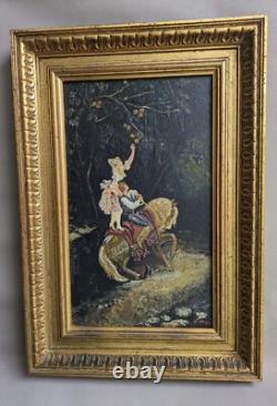 Tableau ancien Cueillette de Pommes huile sur panneau signé P. M