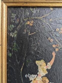 Tableau ancien Cueillette de Pommes huile sur panneau signé P. M