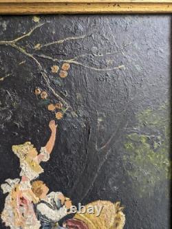 Tableau ancien Cueillette de Pommes huile sur panneau signé P. M