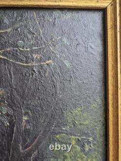 Tableau ancien Cueillette de Pommes huile sur panneau signé P. M