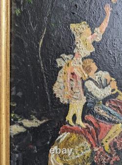 Tableau ancien Cueillette de Pommes huile sur panneau signé P. M
