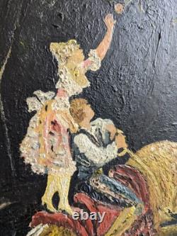 Tableau ancien Cueillette de Pommes huile sur panneau signé P. M