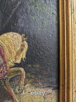 Tableau ancien Cueillette de Pommes huile sur panneau signé P. M