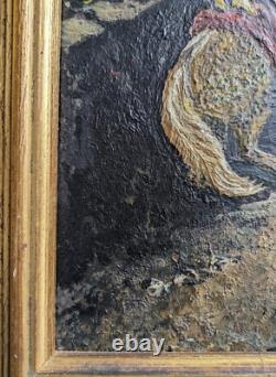 Tableau ancien Cueillette de Pommes huile sur panneau signé P. M