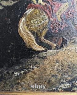 Tableau ancien Cueillette de Pommes huile sur panneau signé P. M