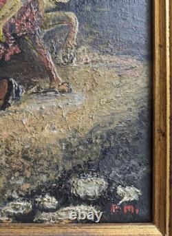Tableau ancien Cueillette de Pommes huile sur panneau signé P. M
