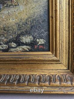 Tableau ancien Cueillette de Pommes huile sur panneau signé P. M