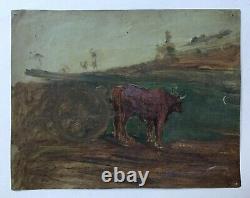 Tableau ancien, Ebauche, Boeuf, Huile sur toile sans châssis, Peinture XIXe