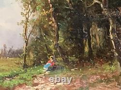 Tableau ancien. École Française. Paysage Animé Peinture huile sur toile