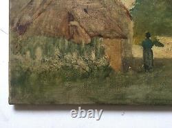 Tableau ancien, Femme dans une cour de ferme, Huile sur toile, Début XXe