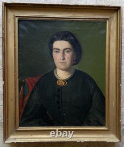 Tableau ancien HST Portrait femme a la broche avec cadre XIXE Huile Toile