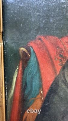 Tableau ancien HST Portrait femme a la broche avec cadre XIXE Huile Toile