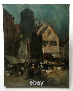 Tableau ancien, Henri Barnoin Scène De Marché En Bretagne, Huile sur toile, XXe