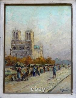 Tableau ancien Huile Paris Quais Bouquinistes NOTRE DAME Robert GIOVANI/Cadre