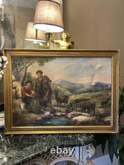 Tableau ancien Huile Sur Toile Signée XIXe Peinture Scène D'alpage décoration