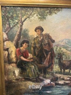Tableau ancien Huile Sur Toile Signée XIXe Peinture Scène D'alpage décoration