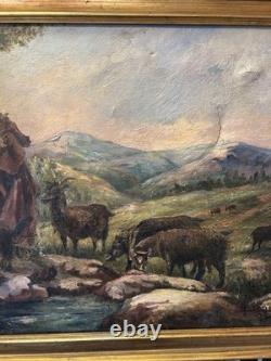 Tableau ancien Huile Sur Toile Signée XIXe Peinture Scène D'alpage décoration