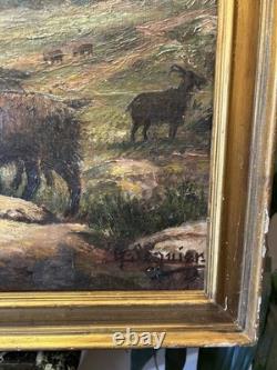 Tableau ancien Huile Sur Toile Signée XIXe Peinture Scène D'alpage décoration