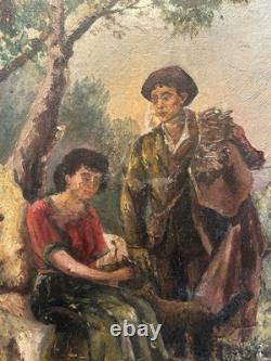 Tableau ancien Huile Sur Toile Signée XIXe Peinture Scène D'alpage décoration