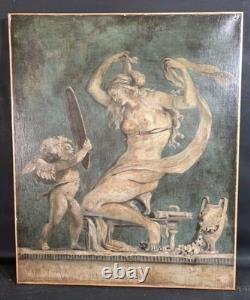 Tableau ancien Huile Vénus à sa Toilette et l'Amour Grisaille époque XVIIIème