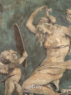 Tableau ancien Huile Vénus à sa Toilette et l'Amour Grisaille époque XVIIIème