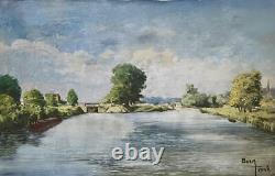Tableau ancien Huile sur Toile Écluse de Neuilly-sur-Marne 1948 signé Bern Art
