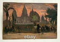 Tableau ancien Huile sur carton, Temple d'Angkor, Exposition coloniale Début XXe