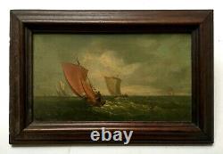 Tableau ancien, Huile sur panneau, Monogramme, Marine, Encadré, Peinture, XIXe