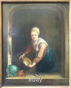 Tableau ancien, Huile sur panneau dans le goût hollandais, Encadré, XIXe