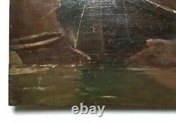 Tableau ancien, Huile sur panneau parqueté, Barque au mouillage, Début XXe