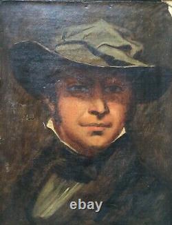 Tableau ancien, Huile sur papier, Homme au chapeau, Portrait, Encadré, XIXe
