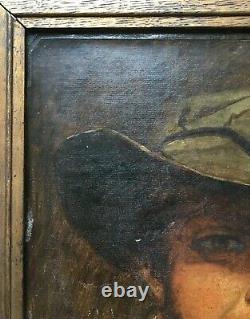 Tableau ancien, Huile sur papier, Homme au chapeau, Portrait, Encadré, XIXe