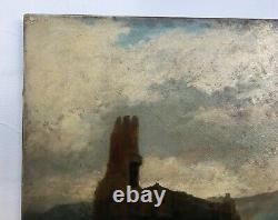 Tableau ancien, Huile sur papier marouflé sur toile, Paysage aux ruines, XIXe