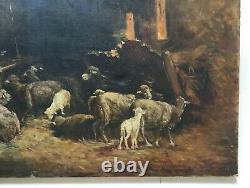 Tableau ancien, Huile sur toile, Bergerie, Moutons, Berger, XIXe