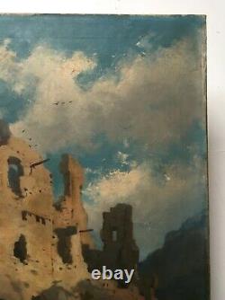 Tableau ancien, Huile sur toile, Chasseurs alpins devant des ruines, XIXe