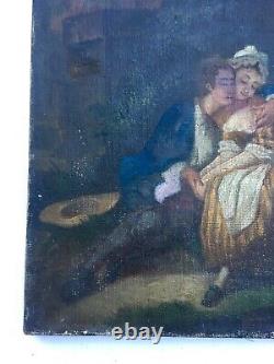 Tableau ancien, Huile sur toile, Couple d'amoureux, XIXe