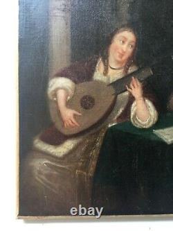 Tableau ancien, Huile sur toile, Couple de musiciens dans un intérieur, XIXe