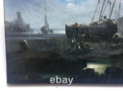 Tableau ancien, Huile sur toile, Ecole hollandaise, Marine, Bateaux, Milieu XIXe