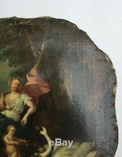 Tableau ancien, Huile sur toile, Femme enfants et cygne, XVIIIe