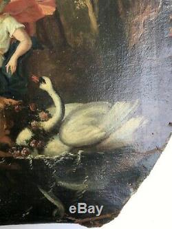 Tableau ancien, Huile sur toile, Femme enfants et cygne, XVIIIe