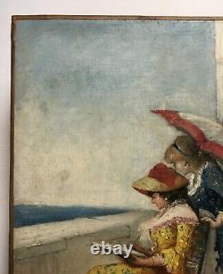 Tableau ancien, Huile sur toile, Femmes à l'aquarelle en bord de mer, XIXe