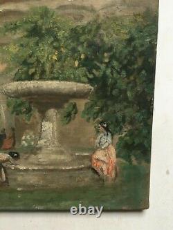 Tableau ancien, Huile sur toile, Femmes à la fontaine, Début XXe