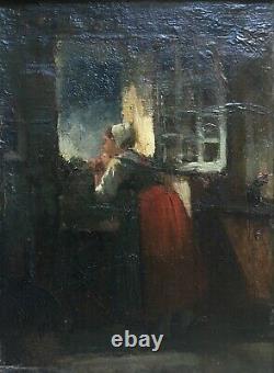 Tableau ancien, Huile sur toile, Jeune femme à la fenêtre, Cadre d'époque, XIXe