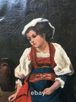 Tableau ancien, Huile sur toile, Jeune fille en costume, Italie, Ciociaria, XIXe