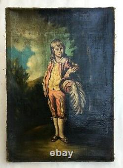 Tableau ancien, Huile sur toile, Jeune garçon en costume, XIXe